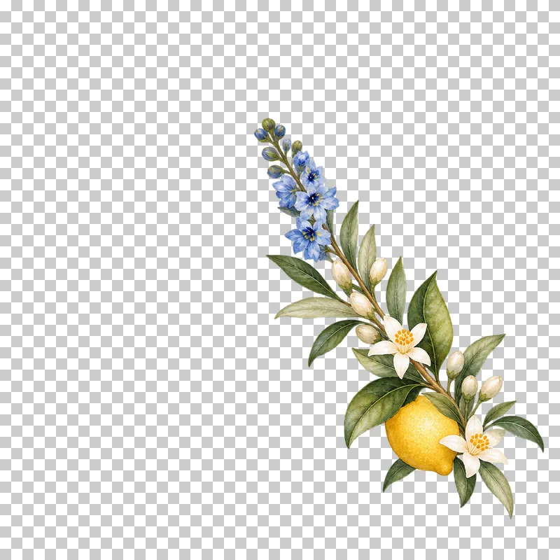 Diagonal watercolor lemon and blue delphinium spray with olive foliage concentrated toward the lower right.
