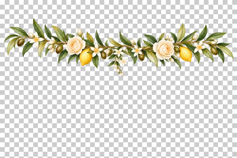 Shallow watercolor header of lemon branches, ivory flowers and olive foliage with a short central jasmine tip.