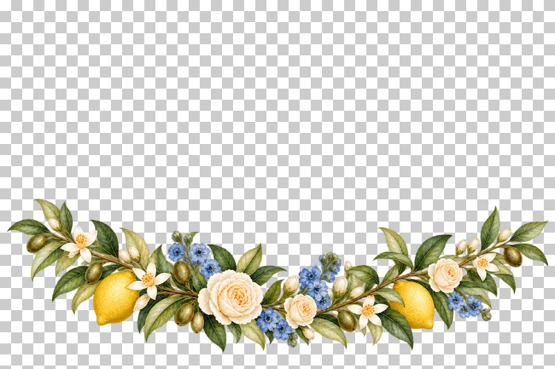 Low watercolor footer of yellow lemons, small ivory flowers, olive leaves and blue floral accents.