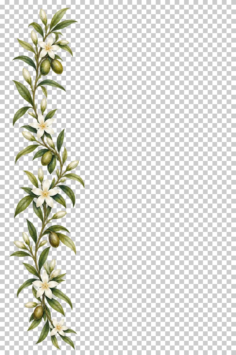 Slender watercolor jasmine and olive side border with fine connected stems and small white star flowers.