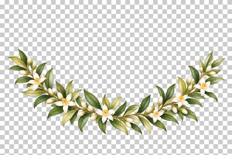 Shallow U-shaped watercolor olive swag with separated small white blossom nodes.
