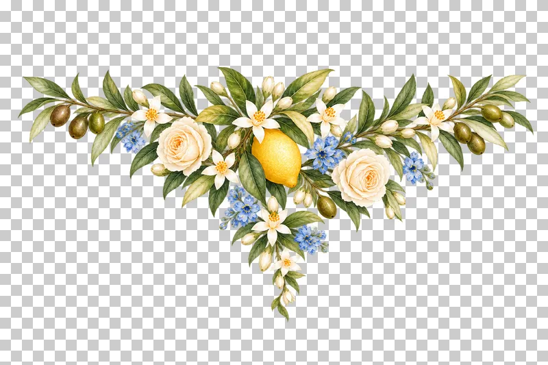 Inverted triangular watercolor olive and citrus blossom spray with a small lemon and a tapering jasmine tip.