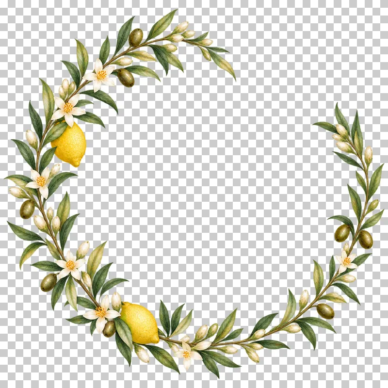 Thin open circular watercolor wreath of lemon and olive branches with white flowers and an upper-right break.
