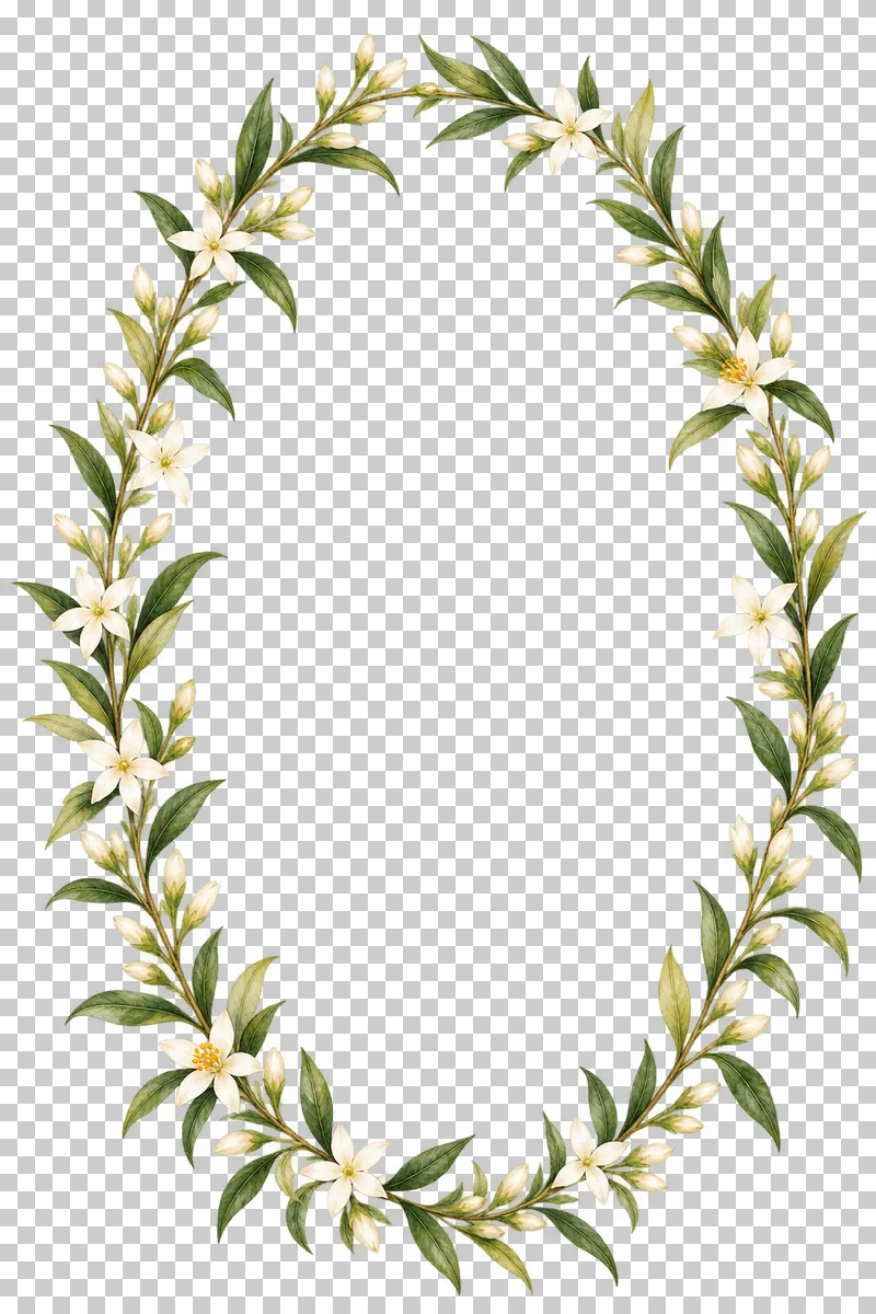 Tall oval watercolor jasmine and olive wreath with small white blossom nodes and a clear center.