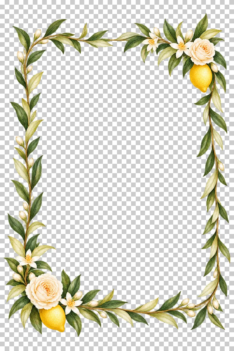 Delicate portrait watercolor botanical frame with two unequal lemon and ivory rose corner nodes.