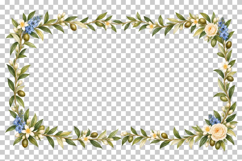 Wide rectangular watercolor olive frame with small blue and ivory floral nodes and a clear center.