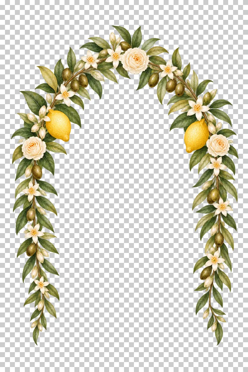 Rounded watercolor lemon floral arch with tapering olive and white blossom sides and an open bottom.