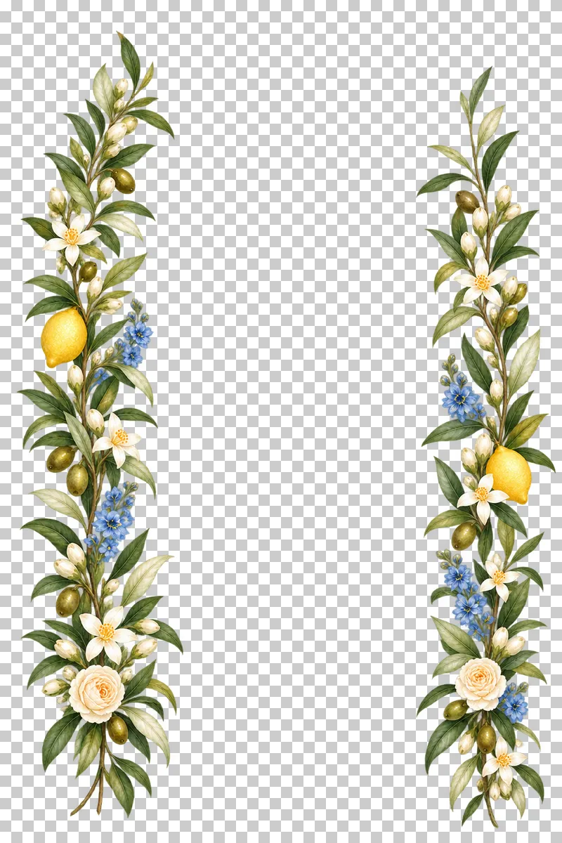 Two unequal separate watercolor floral pillars with small lemons, white flowers, olive foliage and blue accents.