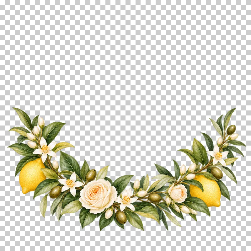 Low broad watercolor lemon and ivory rose crescent with olive leaves and an open upper field.