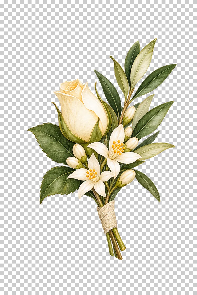 Small watercolor boutonniere with an ivory rosebud, white citrus blossoms and an olive sprig bound in linen.