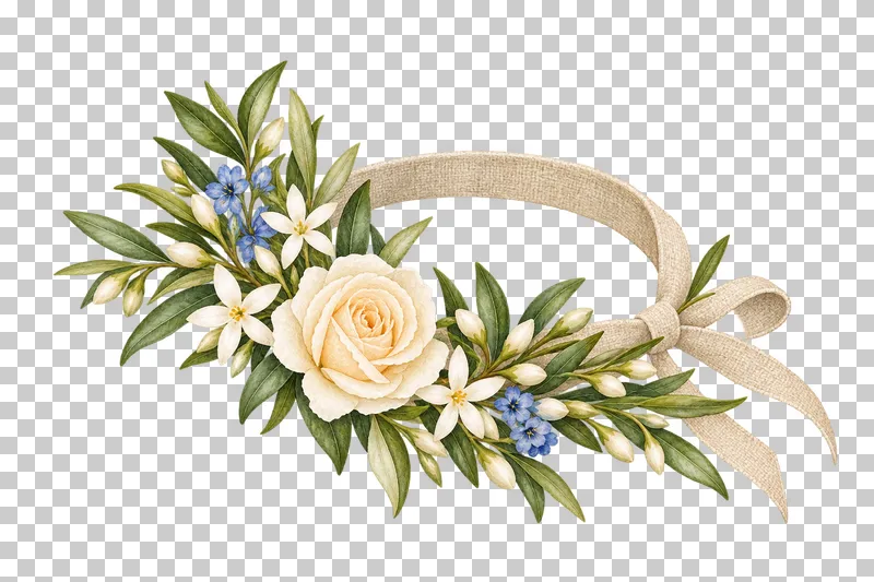 Small watercolor jasmine and ivory rose wrist corsage with olive tips on a complete linen loop.