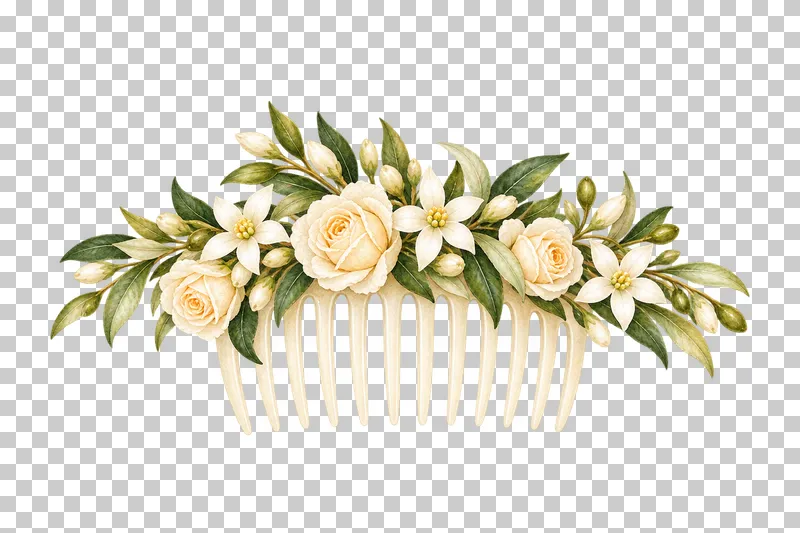Ivory watercolor floral hair comb with small roses, jasmine, olive tips and visible separate comb teeth.