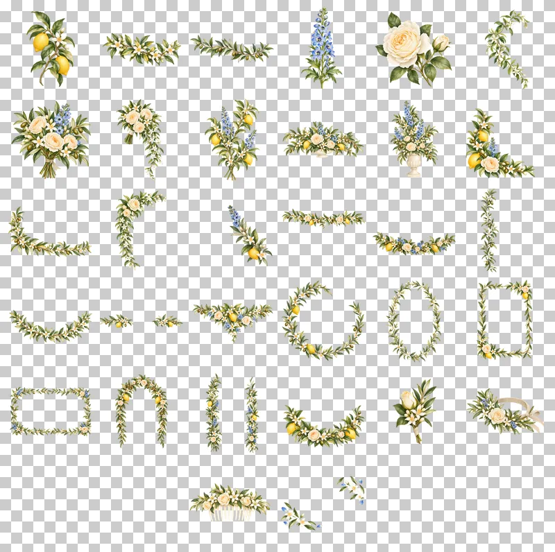 Mediterranean Wedding Florals Watercolor PNG Collection: all 32 elements in one grid