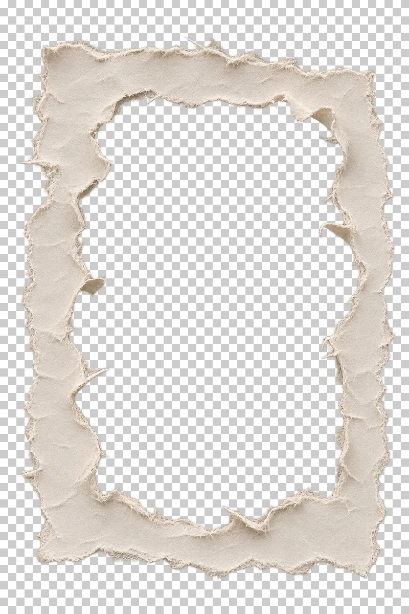 A tall off-white torn paper frame with a ragged photo opening and small attached curls.