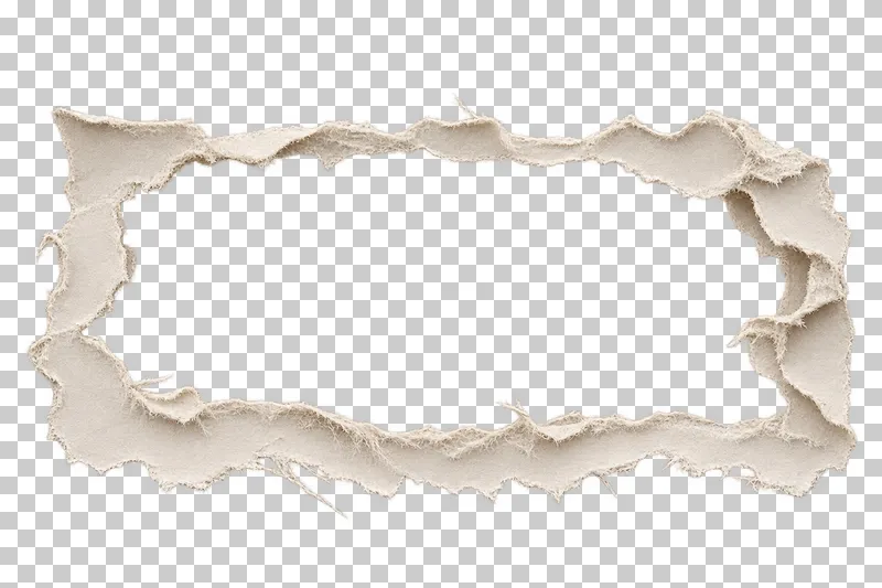 A wide off-white torn paper frame with an uneven photo opening and curled fibrous edges.