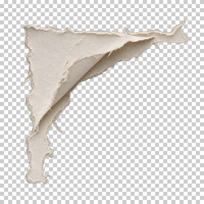 A torn paper corner with a broad diagonal flap lifted over a narrow connected rim.