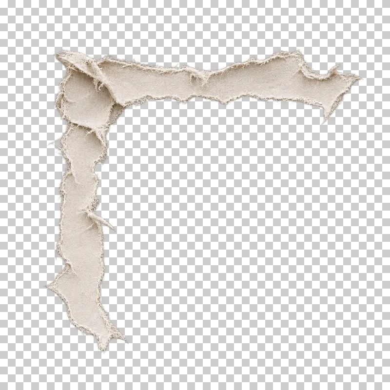 An open L-shaped torn paper corner with unequal arms and a small lifted fold at the elbow.