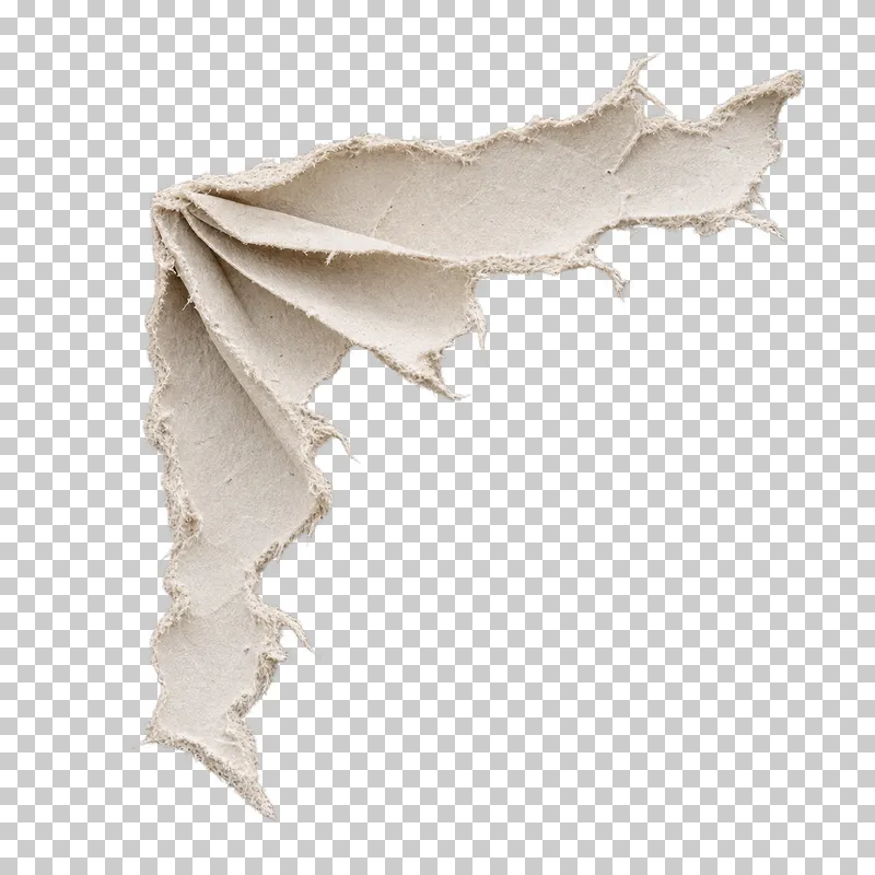 A torn paper corner pinched into several uneven fan folds around an open interior.