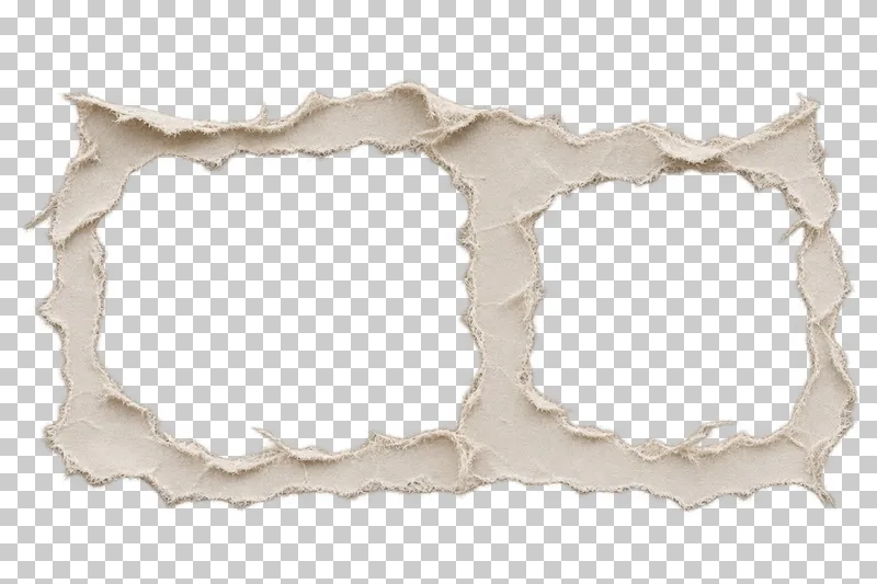 A continuous torn paper surround with two unequal empty photo windows separated by a fibrous bridge.