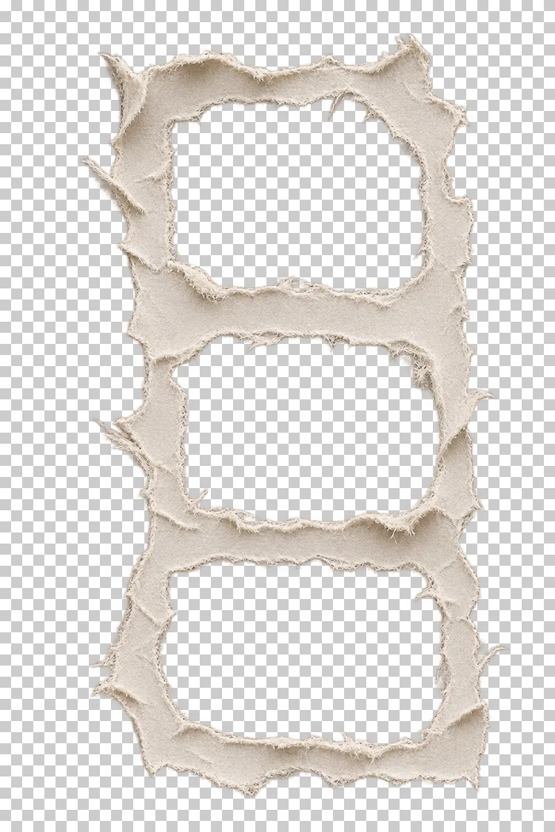 A tall irregular paper strip with three empty photo windows separated by torn paper bridges.
