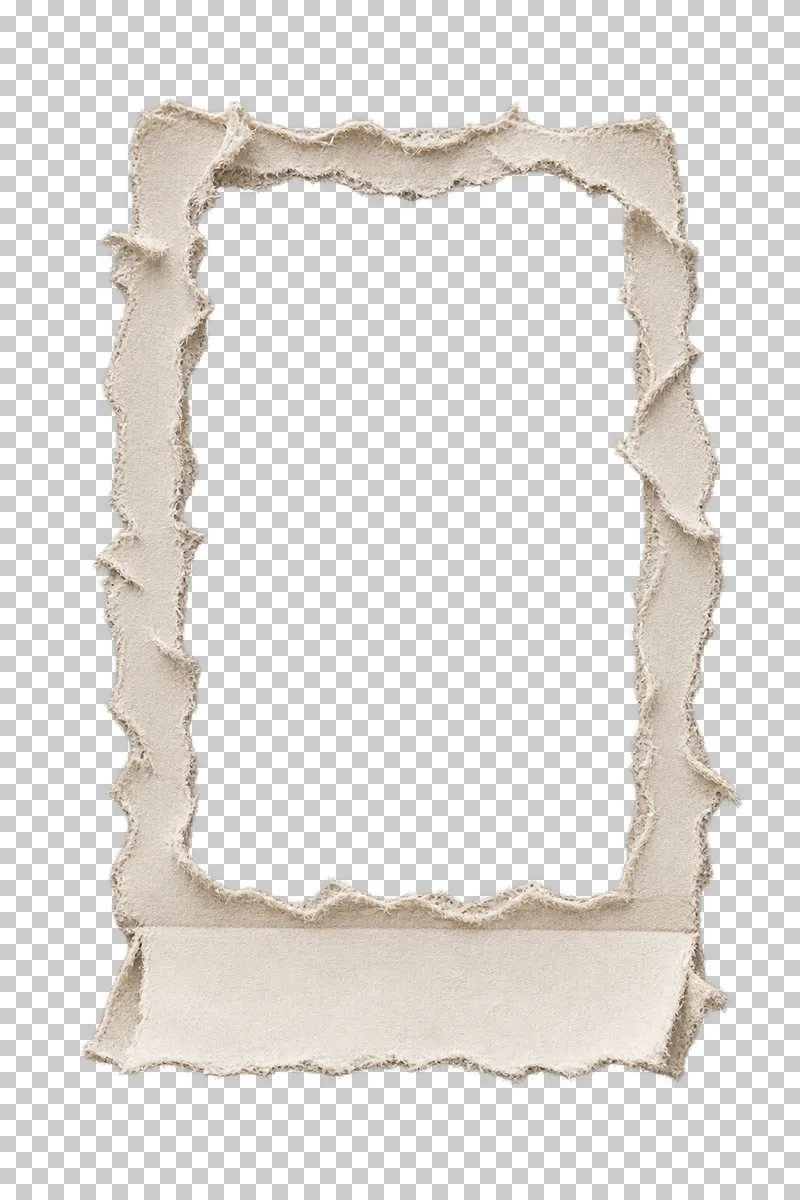 A tall torn paper photo frame with a blank attached lower caption ledge and shallow horizontal fold.