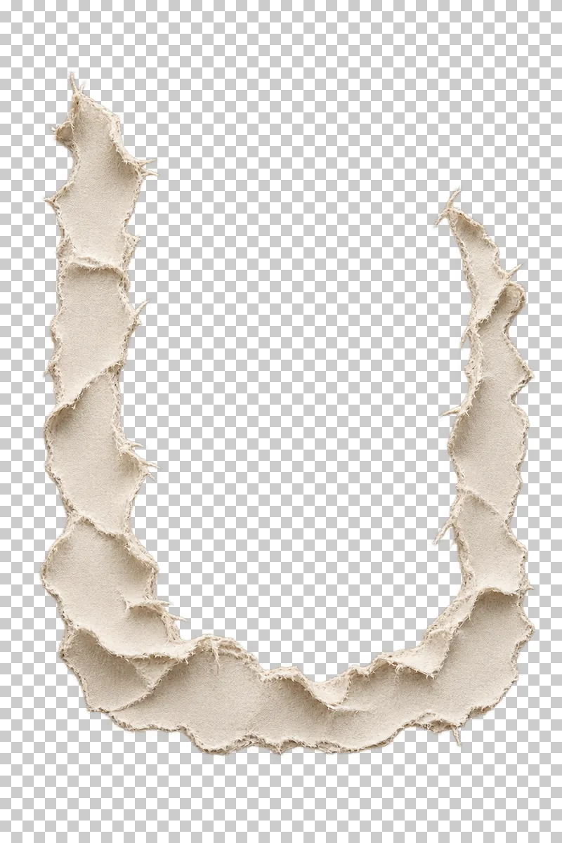 An open-top U-shaped torn paper surround with unequal sides and a crumpled lower lip.