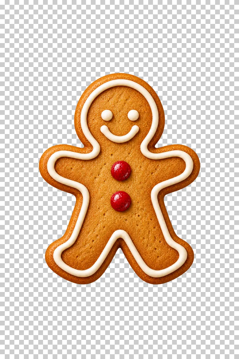 A smiling gingerbread person cookie outlined in ivory icing with two red buttons.