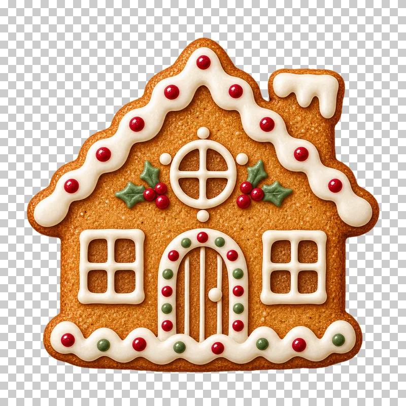 A flat cottage-shaped gingerbread cookie with ivory roof icing, red and green sugar dots, piped windows and a door.