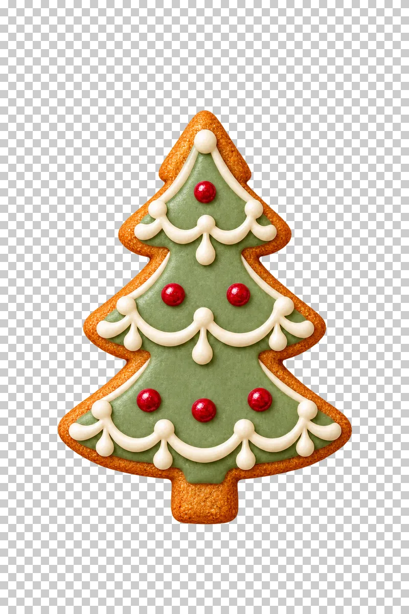 A Christmas tree cookie with muted green icing, ivory garlands and red sugar baubles.