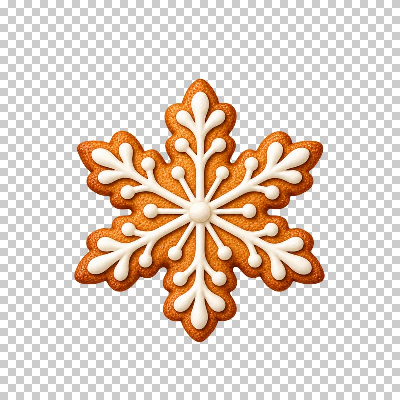 A six-armed gingerbread snowflake cookie with thick branching ivory icing.