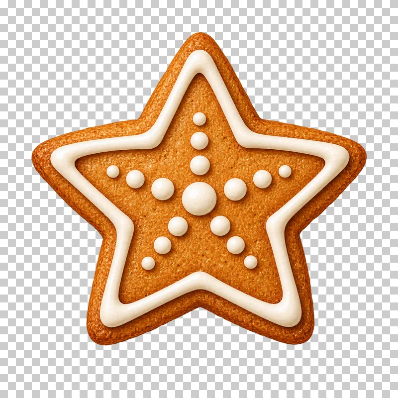 A five-point gingerbread star cookie with an ivory piped outline and raised icing dots.