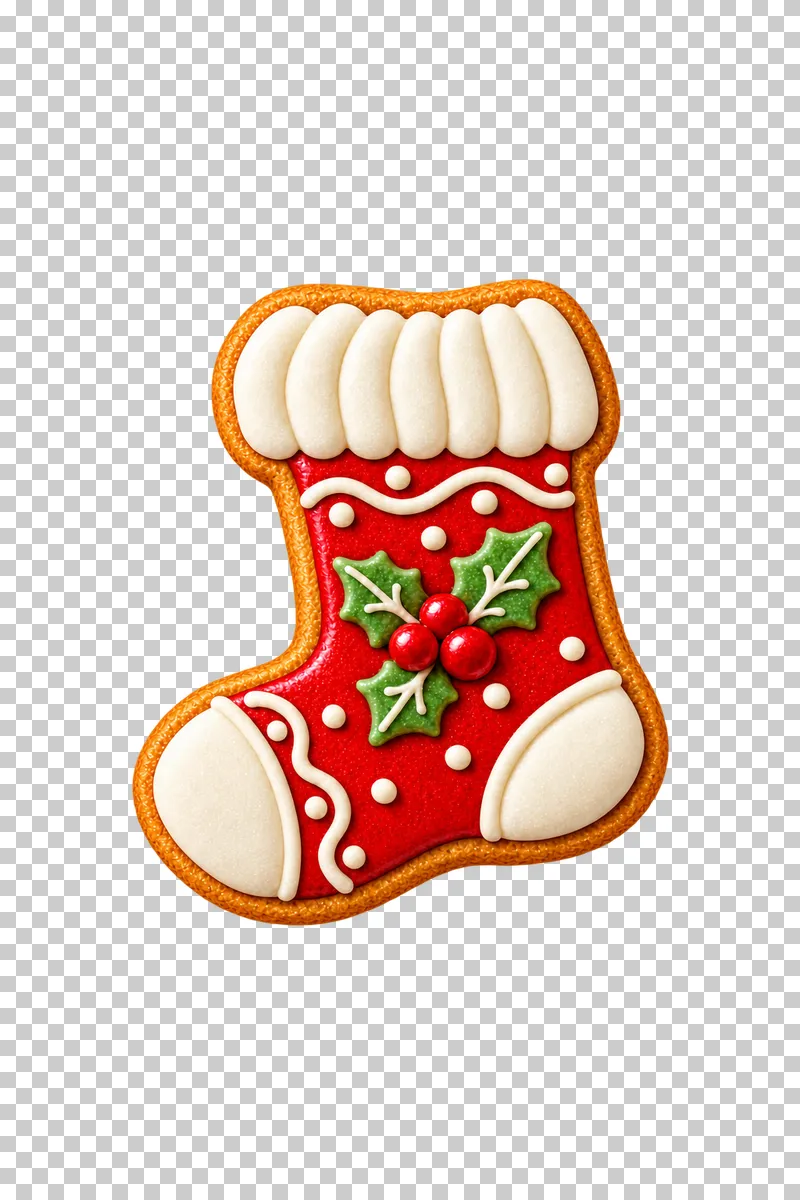A stocking-shaped gingerbread cookie with red icing, a thick ivory cuff and piped holly leaves and berries.