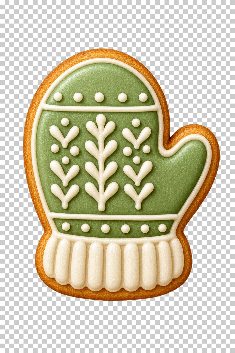 A mitten-shaped cookie with green icing, ivory branch patterns and a ribbed ivory cuff.
