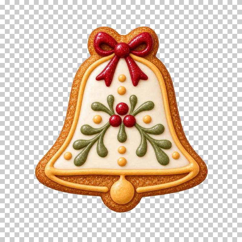 A bell-shaped cookie with ivory icing, a red icing bow and green and red piped decoration.