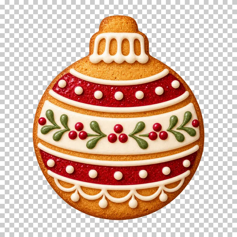A round Christmas bauble cookie with red and ivory icing bands, dots and green leaf details.