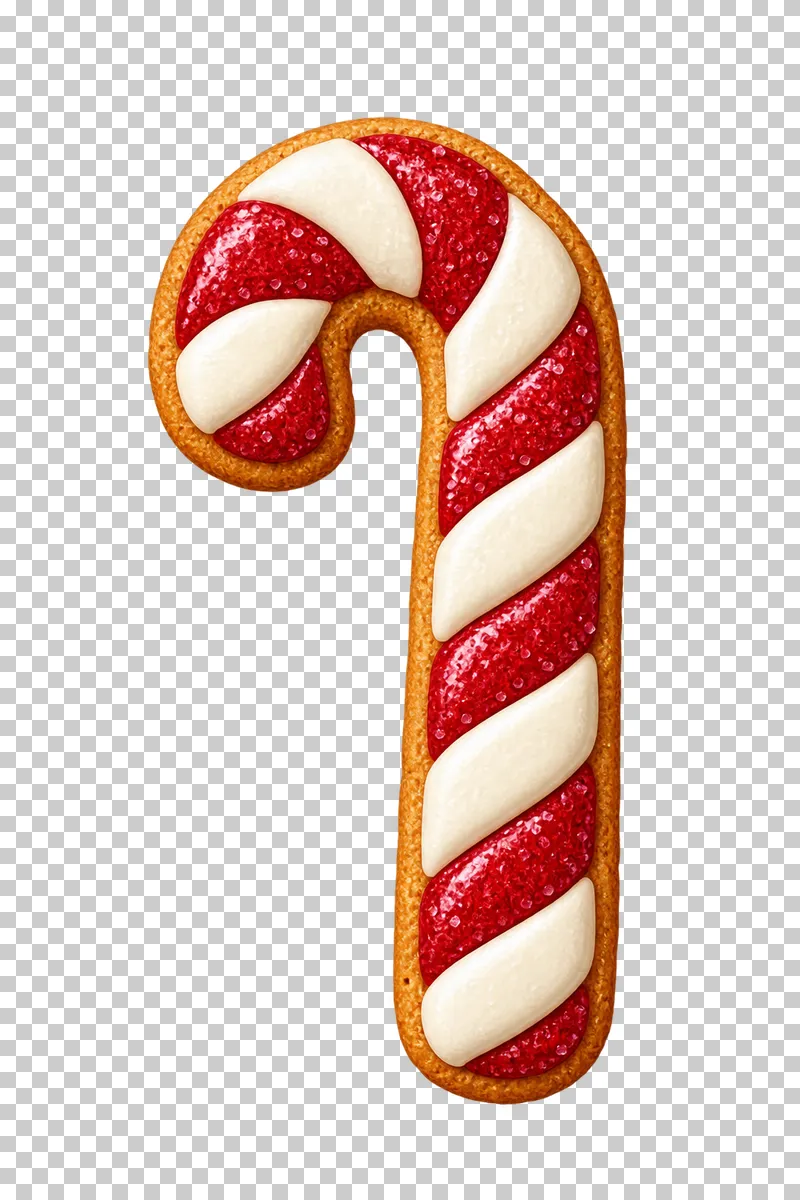 A candy-cane-shaped biscuit with raised red and ivory icing stripes.