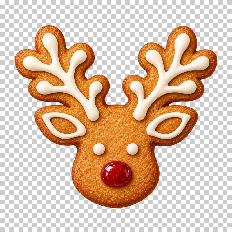 A reindeer-head gingerbread cookie with piped ivory antlers and a glossy red nose.