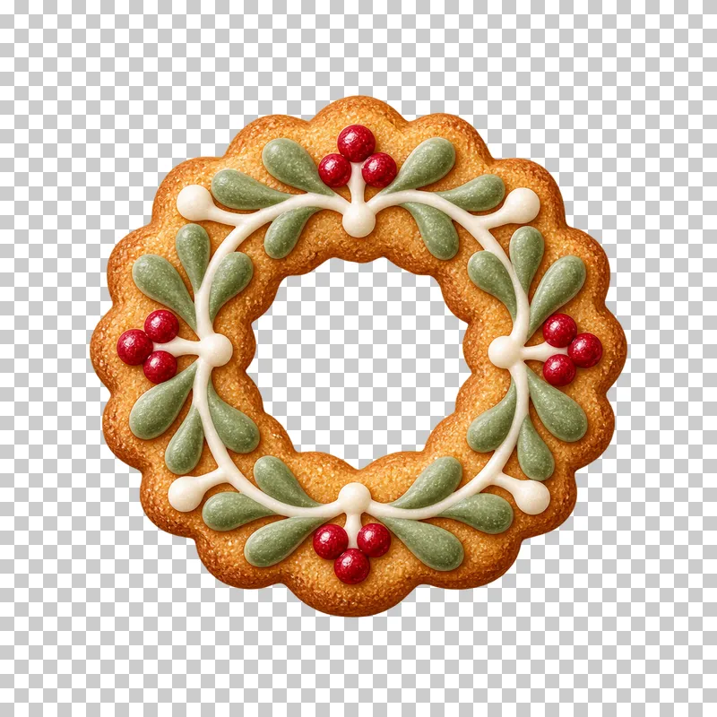 A scalloped ring cookie with green piped leaves, red berries and an open transparent center.