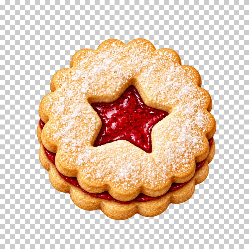 A scalloped Linzer sandwich cookie dusted with sugar and filled with red jam visible through a star-shaped window.