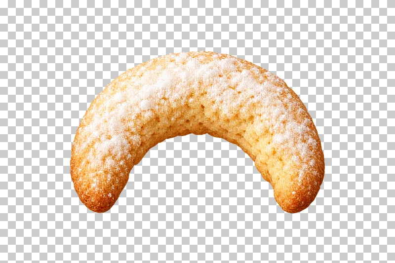 A curved vanilla crescent biscuit with a browned crumb and sugar dusting attached to the surface.