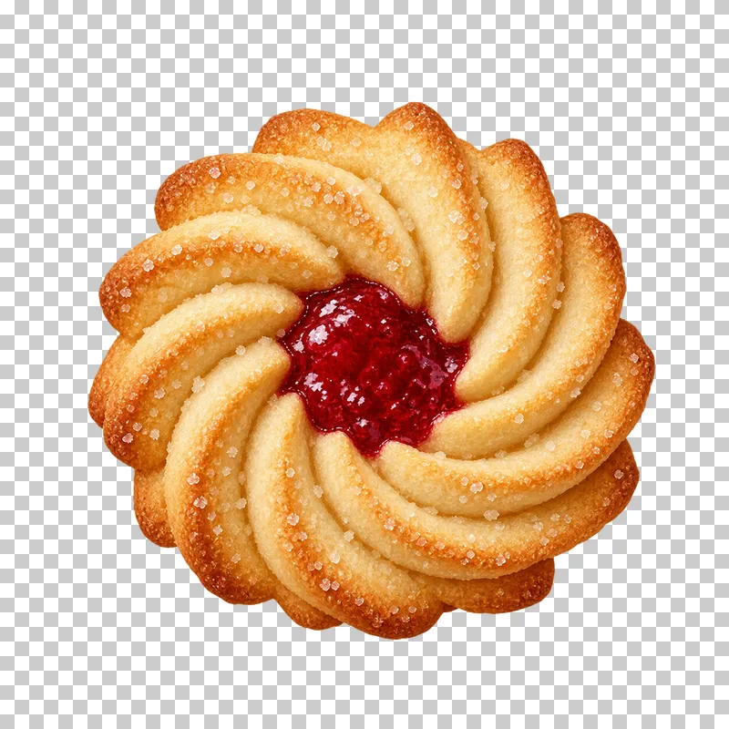 A golden ridged butter spritz rosette biscuit with a red jam center.
