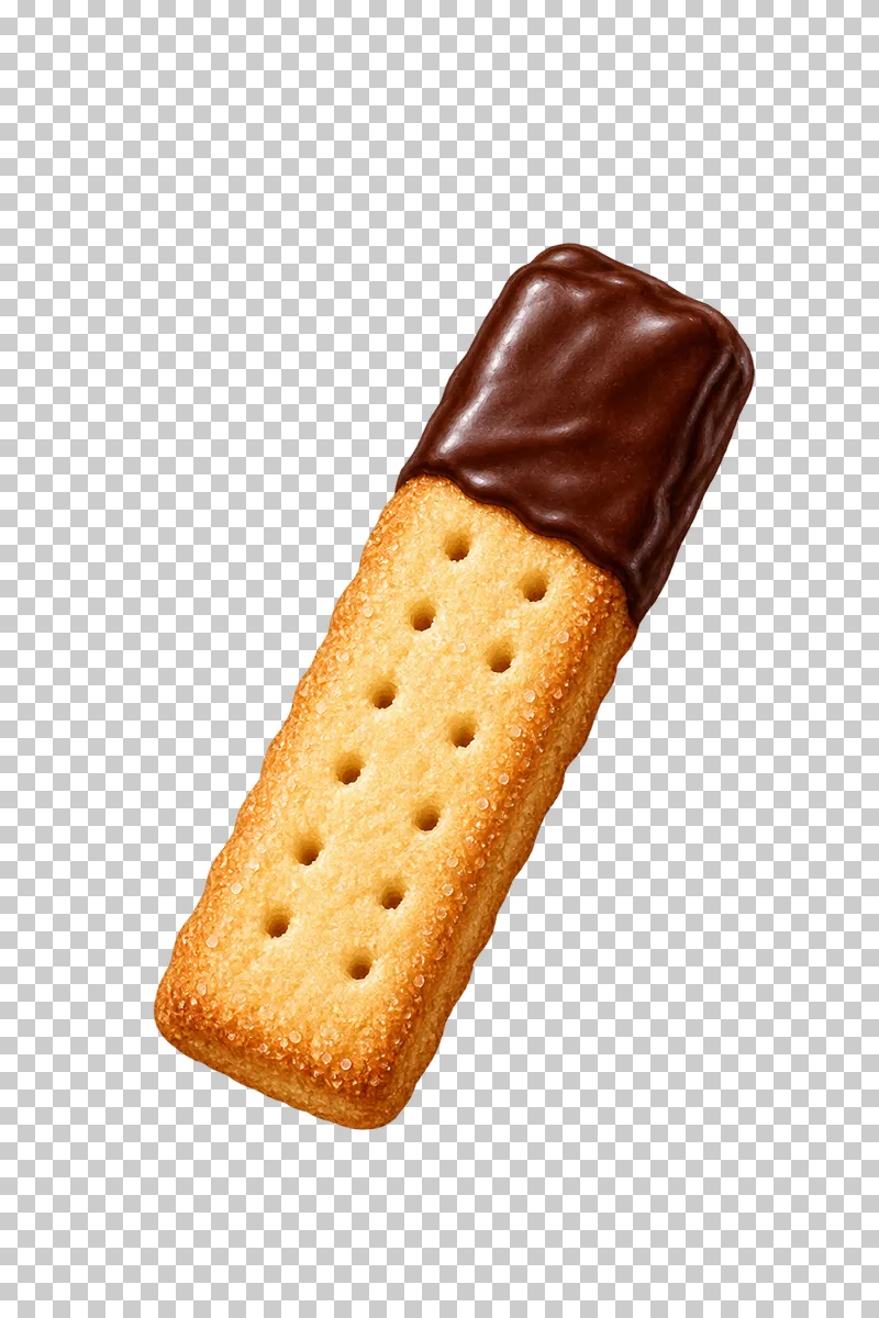 A rectangular shortbread finger with fork-prick holes and one end dipped in dark chocolate.
