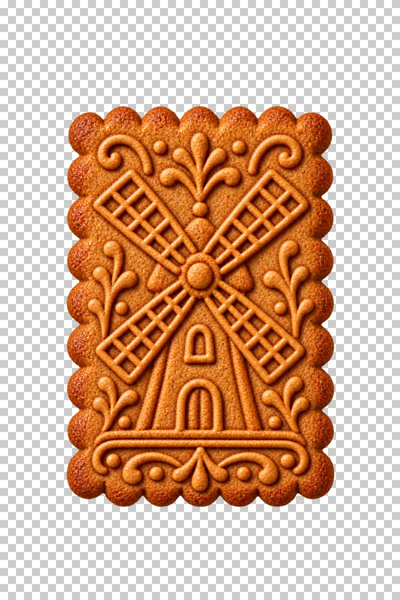 A rectangular uniced speculaas biscuit with scalloped edges and a brown raised windmill design.