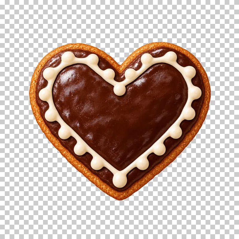 A heart-shaped lebkuchen cookie with a chocolate glaze and an ivory piped border.