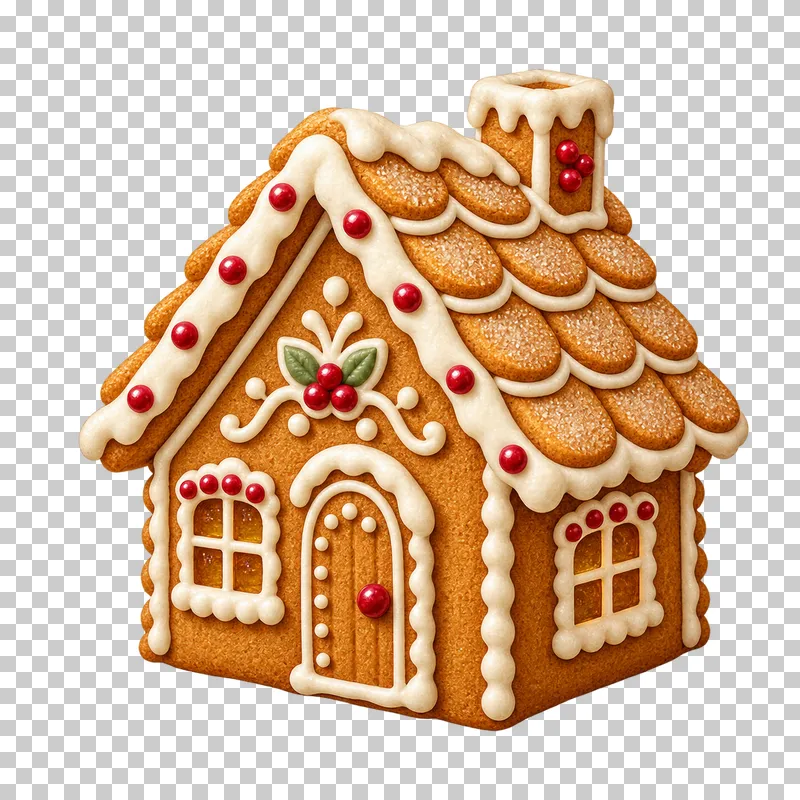 An assembled gingerbread house with biscuit roof tiles, ivory icing seams, windows, a door and a chimney.