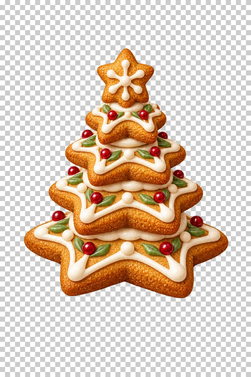 A Christmas tree made from stacked star-shaped cookies with ivory icing and red and green sugar details.