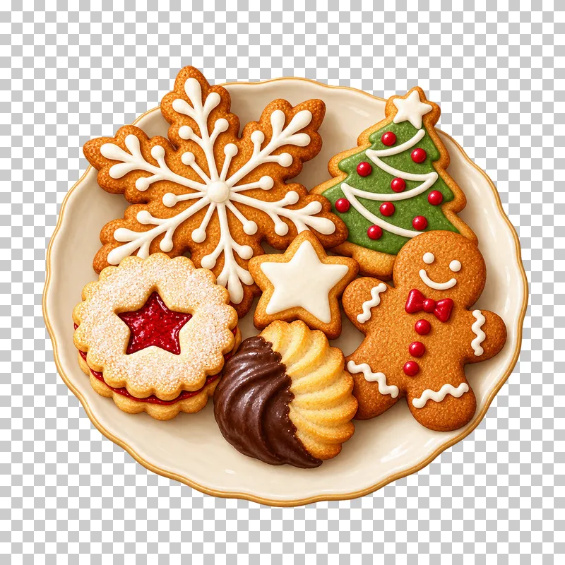 An ivory plate holding assorted iced Christmas cookies, a Linzer biscuit and a chocolate-dipped spritz biscuit.