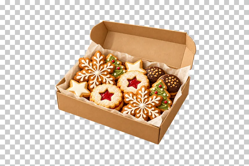 An open kraft bakery box lined with pale parchment and filled with assorted Christmas cookies.