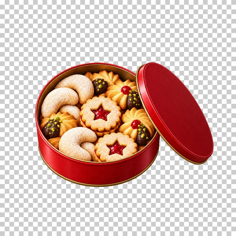 An open red round cookie tin filled with Linzer, crescent and butter biscuits, with its matching lid beside it.