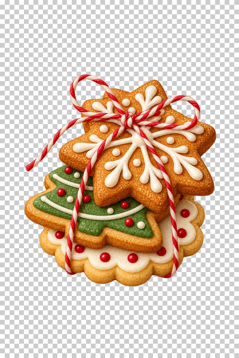 A small bundle of Christmas cookies tied with red and ivory baker twine in a bow.